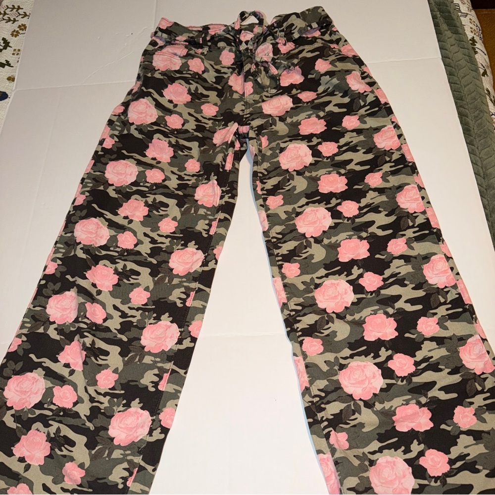 Wide Leg Camo Floral Jeans - Pink Floral on Olive Camo